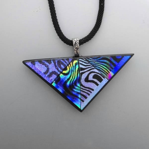 Silver and Purple Zebra Glass Necklace, Stained Glass Look Triangle Pendant,  Animal Print Dichroic Glass Pendant, Dimensional Glass Pendant
