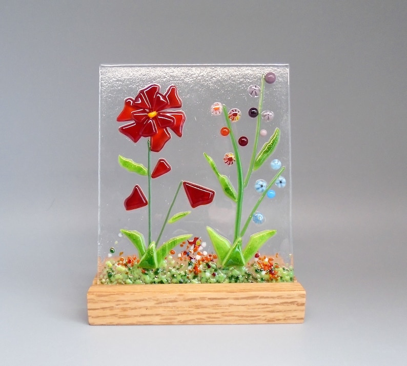 Red Fused Glass Flower Garden with Wooden Stand, Fused Glass Nature Panel, Garden Candle Screen, Garden Art, Spring Summer Suncatcher image 2