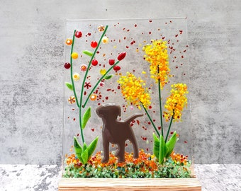 Brown Puppy in a Flower Garden in wooden Stand, Fused Glass Dog Nature Panel, Dog Lover Gift, Garden Candle Screen, Spring Summer Garden Art