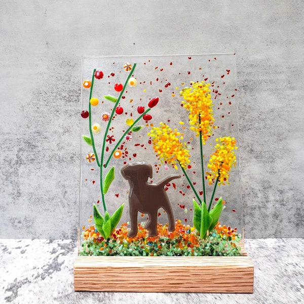 Brown Puppy in a Flower Garden in wooden Stand, Fused Glass Dog Nature Panel, Dog Lover Gift, Garden Candle Screen, Spring Summer Garden Art