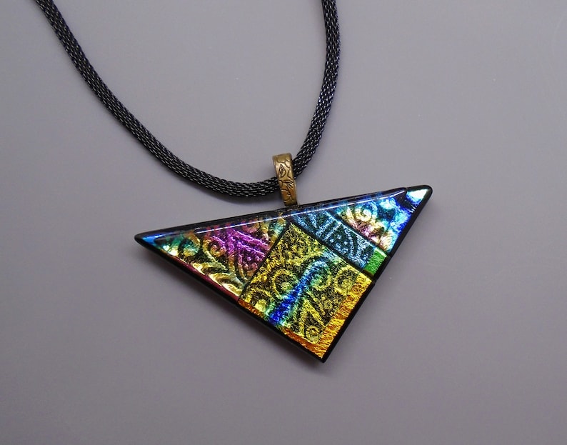 Dimensional Glass Pendant Zentangle Dichroic Glass Pendant Stained Glass Look Triangle Pendant Contemporary Rainbow Necklace
