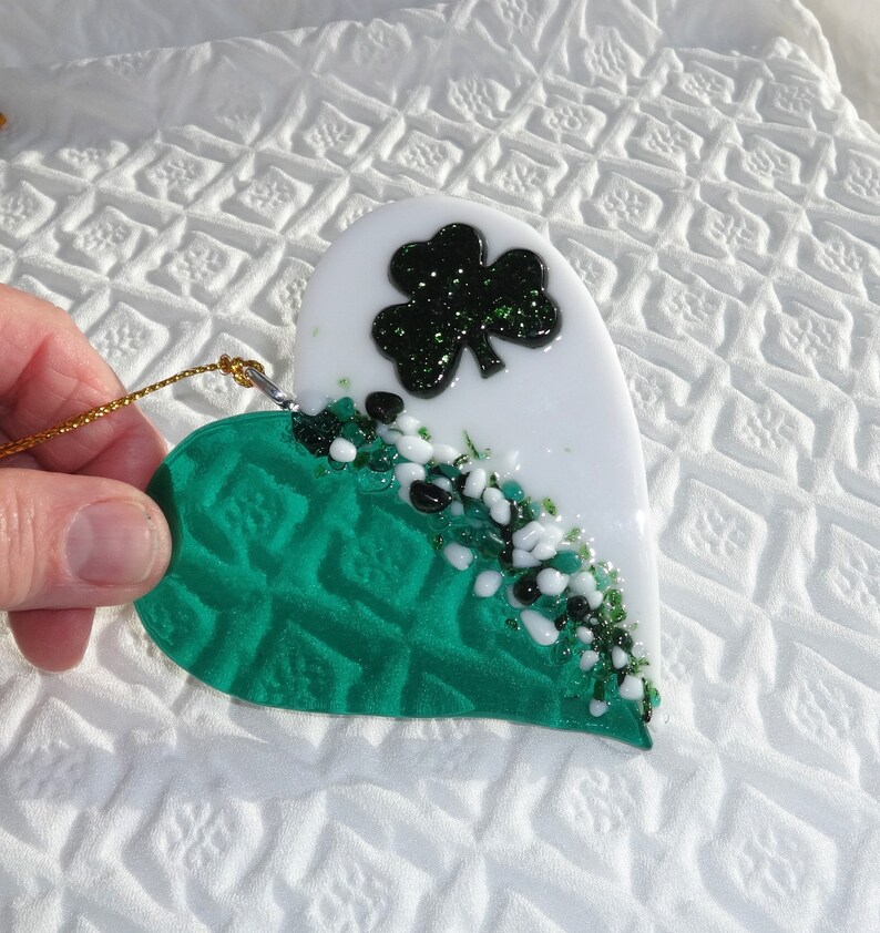 Fused Glass Irish Heart Suncatcher Green and White Glass Etsy