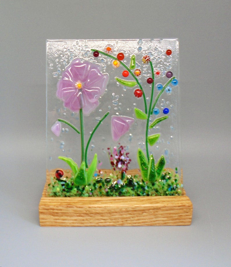 Pink Fused Glass Flower Garden with Wooden Stand, Fused Glass Nature Panel, Garden Candle Screen, Garden Art, Spring Summer Suncatcher image 9