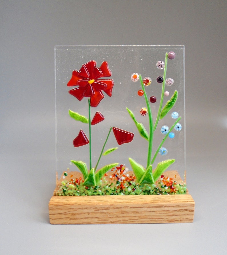 Red Fused Glass Flower Garden with Wooden Stand, Fused Glass Nature Panel, Garden Candle Screen, Garden Art, Spring Summer Suncatcher image 1