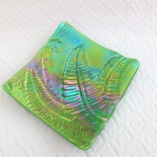 Green Luminescent Fused Glass Art Dish, Fused Glass Spring Leaves Plate, Tealight Candle Holder, Trinket Tray, Small Glass Plate