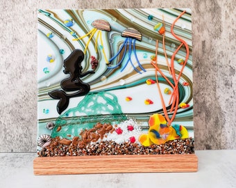 Dichroic Fused Glass Underwater Mermaid Seascape Panel, 8 x 8 inch Ocean Scene, Florida Nature Panel with Choice of Stand