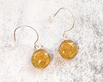 Yellow Dichroic Fused Glass Earrings--Super Sparkly Yellow French Hook Pierced Earrings