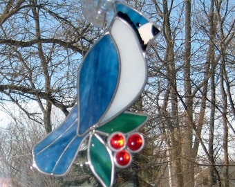 Stained Glass BlueJay, Woodland Bird, Home Window Decor