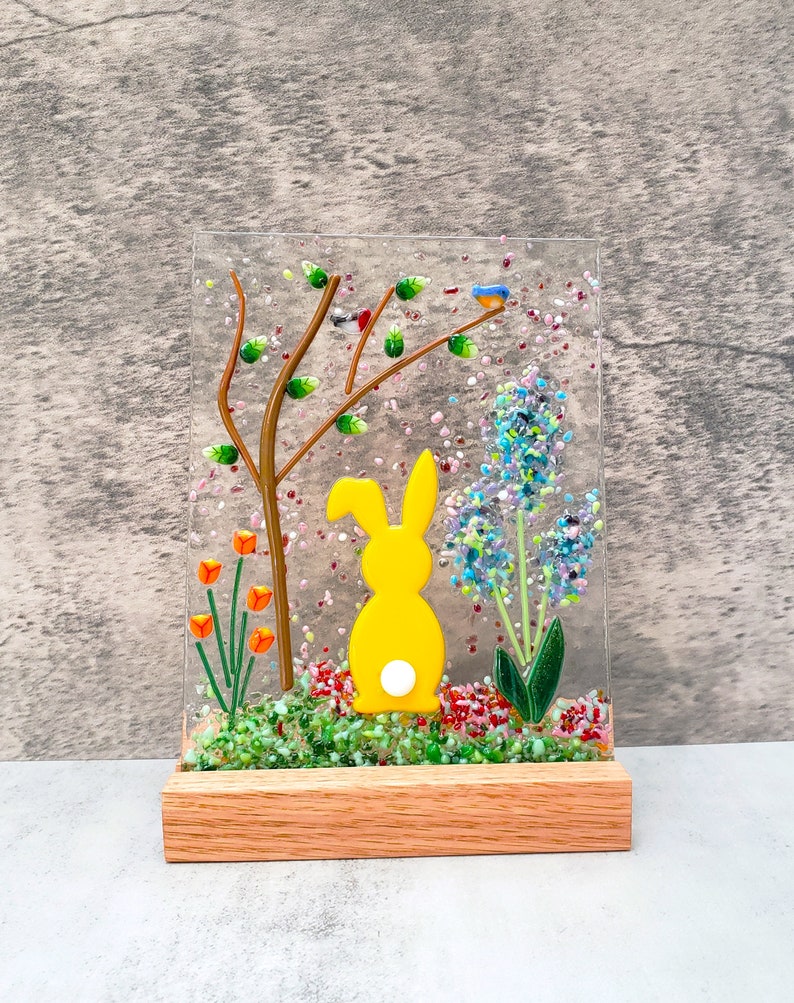 Fused Glass Rabit Fused Glass Rabbit Garden Panel With Oak Stand, Spring Decor - Etsy