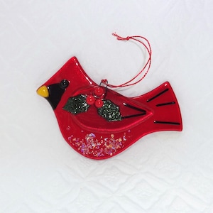 Christmas Cardinal with Holly, Fused Glass Suncatcher, Red Fused Glass Bird, Garden Art, Stained Glass Bird Suncatcher, Red Bird Ornament