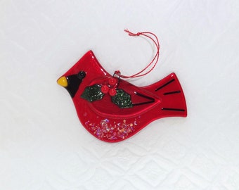 Christmas Cardinal with Holly, Fused Glass Suncatcher, Red Fused Glass Bird, Garden Art, Stained Glass Bird Suncatcher, Red Bird Ornament