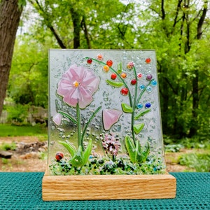 Pink Fused Glass Flower Garden with Wooden Stand, Fused Glass Nature Panel, Garden Candle Screen, Garden Art, Spring Summer Suncatcher image 6
