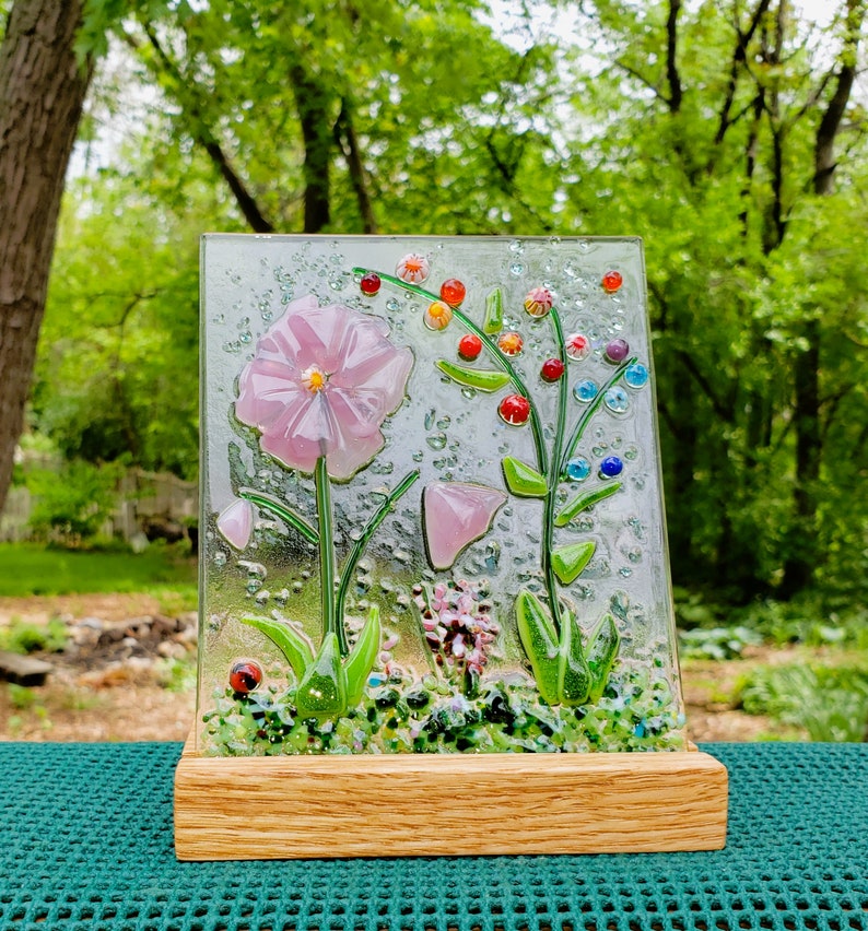 Pink Fused Glass Flower Garden with Wooden Stand, Fused Glass Nature Panel, Garden Candle Screen, Garden Art, Spring Summer Suncatcher image 6