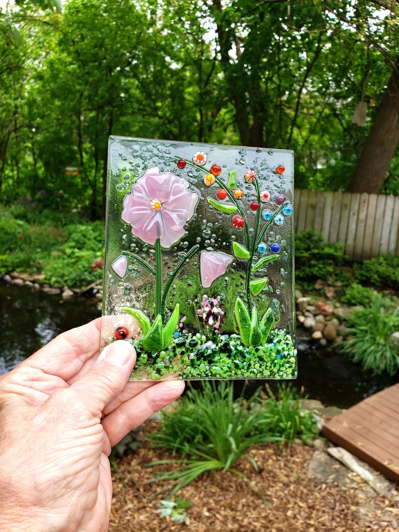 Pink Fused Glass Flower Garden with Wooden Stand, Fused Glass Nature Panel, Garden Candle Screen, Garden Art, Spring Summer Suncatcher image 3