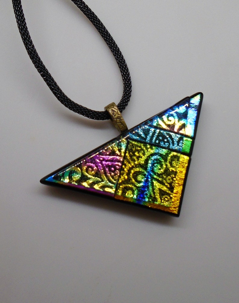 Dimensional Glass Pendant Zentangle Dichroic Glass Pendant Stained Glass Look Triangle Pendant Contemporary Rainbow Necklace