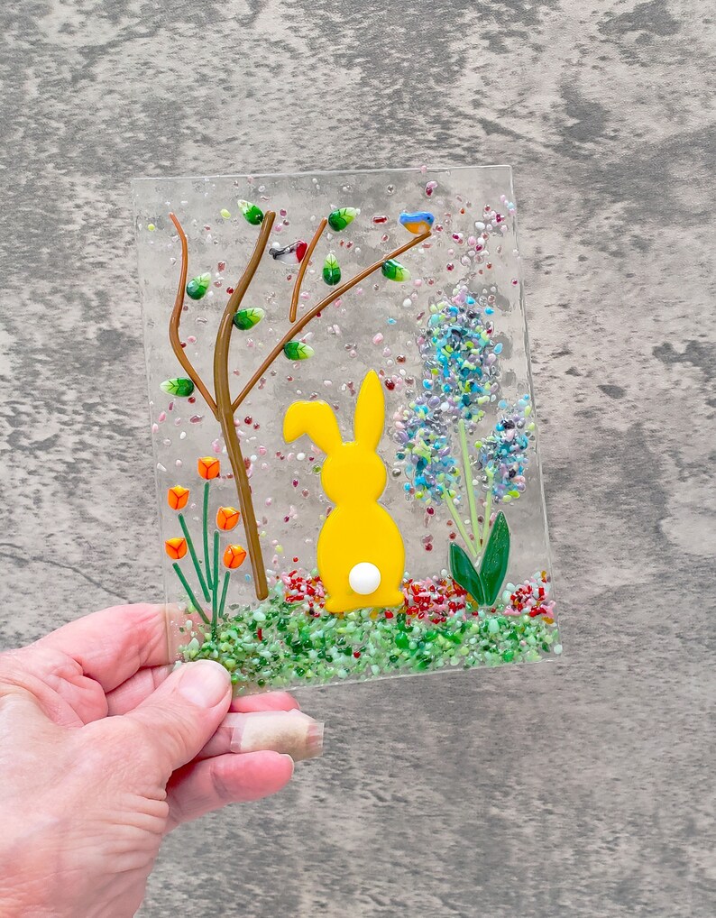 Fused Glass Rabit Fused Glass Rabbit Garden Panel With Oak Stand, Spring Decor - Etsy