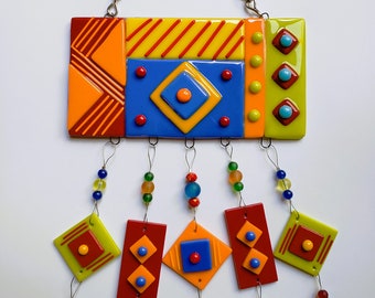 Colorful Geometric Fused Glass Wind Chime, Primary Colors Glass Wind Chime, Contemporary, Garden Spinner,  Beaded Garden Art