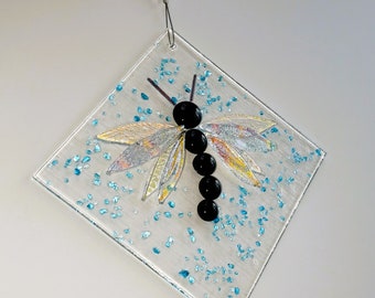 Diagonal Rainbow Dragonfly, Dichroic Fused Glass Dragonfly Sun Catcher, Spring and Summer Stained Glass Suncatcher, Garden Art