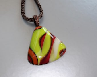 Colorful Fused Glass Pendant, Triangle Shaped Pendant, Lemon Yellow , Red and Orange Funky Fused Glass Necklace