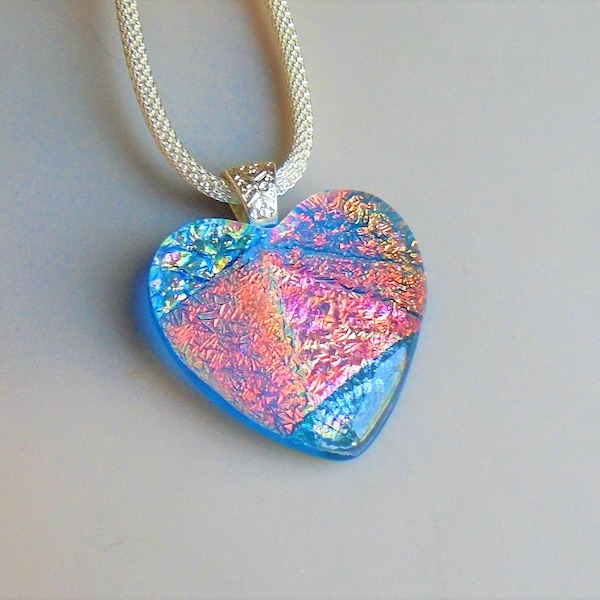 Blue, Pink and Copper Dichroic Glass Heart Necklace, Fused Glass Heart Pendant, Patchwork Heart Pendant - Valentine Heart Necklace