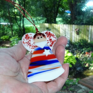 Small Red, White and Blue Fused Glass Angel, Patriotic Angel, 4th of July, Memorial Day, Military Stained Glass Angel Suncatcher image 5