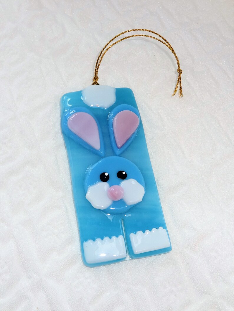 Blue Fused Glass Easter Bunny Sun Catcher, Summer Ornament, Rabbit Suncatcher, Fused Glass Holiday Suncatchers image 3