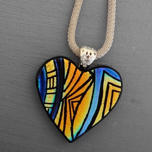 Valentine Heart Pendant, Dichroic Fused Glass Hand Etched  Pendant, Fused Glass Heart Pendant, Zentangle Pendant  - Southwest Sunset