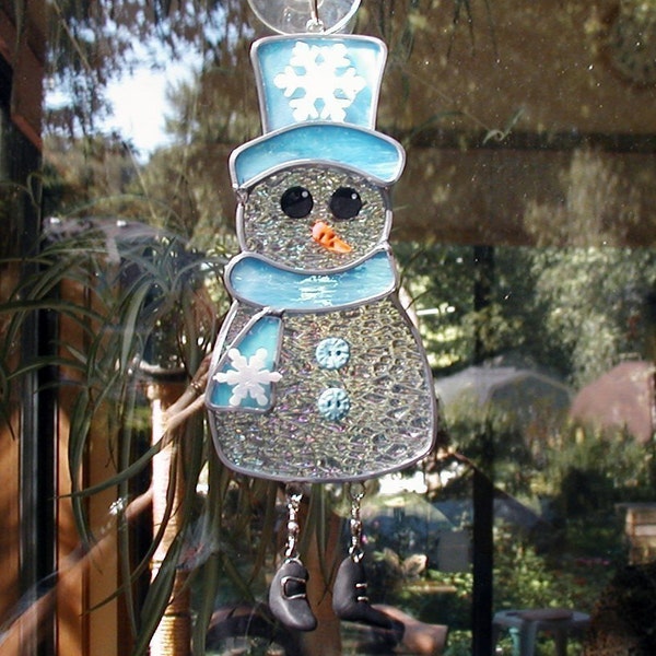 Holiday Stained Glass Snowman, Christmas Stained Glass Suncatcher, Crystal Snowman Stained Glass Suncatcher