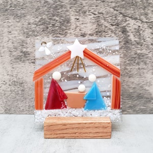 Fused Glass Nativity in Wood Stand, Winter Scene Decoration, Religious Gift, Holy Family Fused Glass Table Top Art