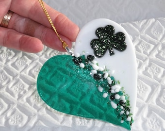 Fused Glass Irish Heart Suncatcher, Green and White Glass Heart, Glass Shamrock Heart Suncatcher, Stained Glass, St Patricks Day