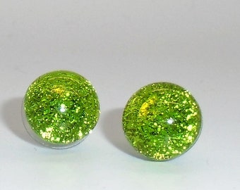 Lime Green Dichroic Fused Glass Post Earrings, Lime Green Glass Button Earrings, Green Glass Earrings