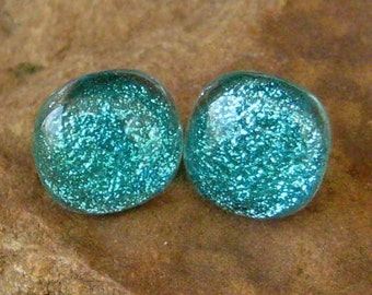 Blue Glass Button Earrings, Aquamarine Blue  Dichroic Fused Glass Post Earrings, Dichroic Jewlery, Fused Glass Earrings