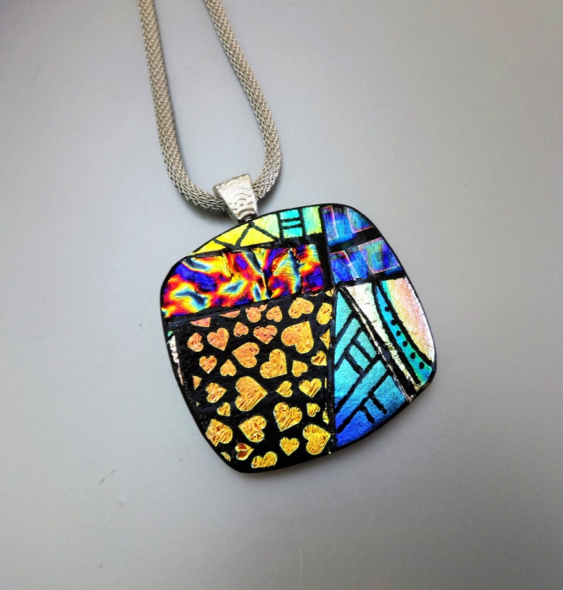 Hand Engraved Pendant Square Dichroic Fused Glass Necklace Dichroic Jewelry Statement Necklace Zentangle Glass Pendant Signs of Spring