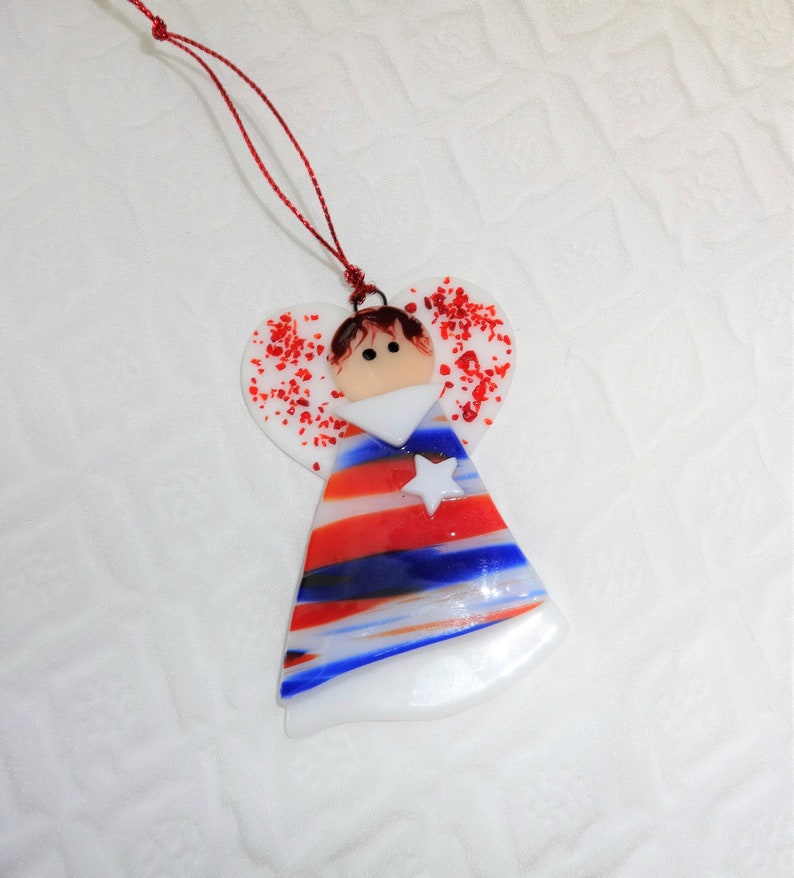 Small Red, White and Blue Fused Glass Angel, Patriotic Angel, 4th of July, Memorial Day, Military Stained Glass Angel Suncatcher image 3