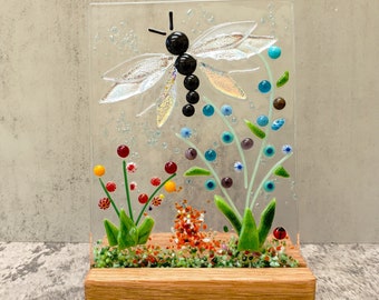 Fused Glass Nature Panel with Wooden Stand, Dichroic Fused Glass Dragonfly Panel, Garden Candle Screen, Garden Art, Spring Summer Suncatcher