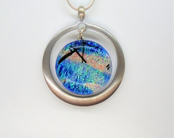 Blue Green Dichroic Pendant, Round Fused Glass Pendant, Fused Glass Jewelry, Dichroic  Glass in a Silver Setting, Dichroic Glass Pendant