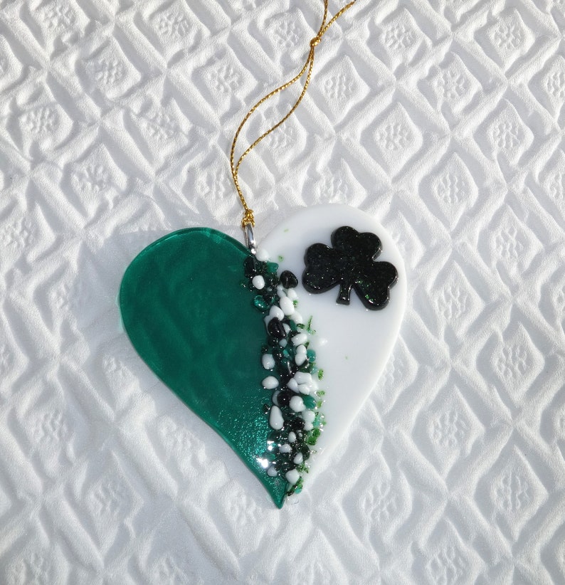 Fused Glass Irish Heart Suncatcher Green and White Glass Etsy