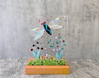 Fused Glass Nature Panel with Wooden Stand, Dichroic Fused Glass Dragonfly Panel, Garden Candle Screen, Garden Art, Spring Summer Suncatcher