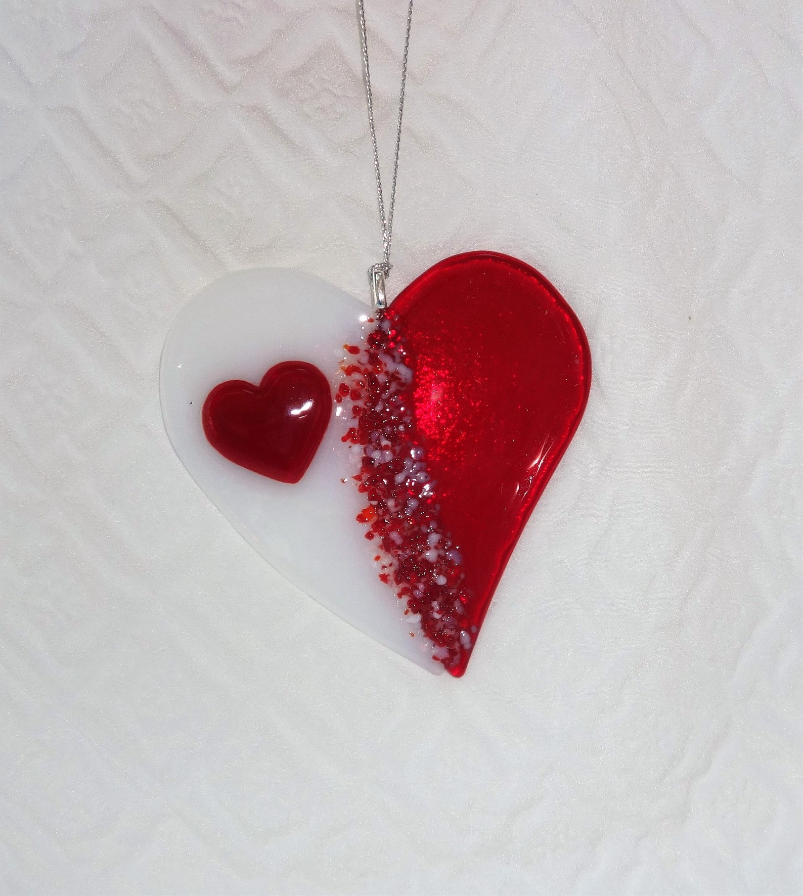 Fused Glass Valentine Heart Suncatcher Red and White Glass Etsy