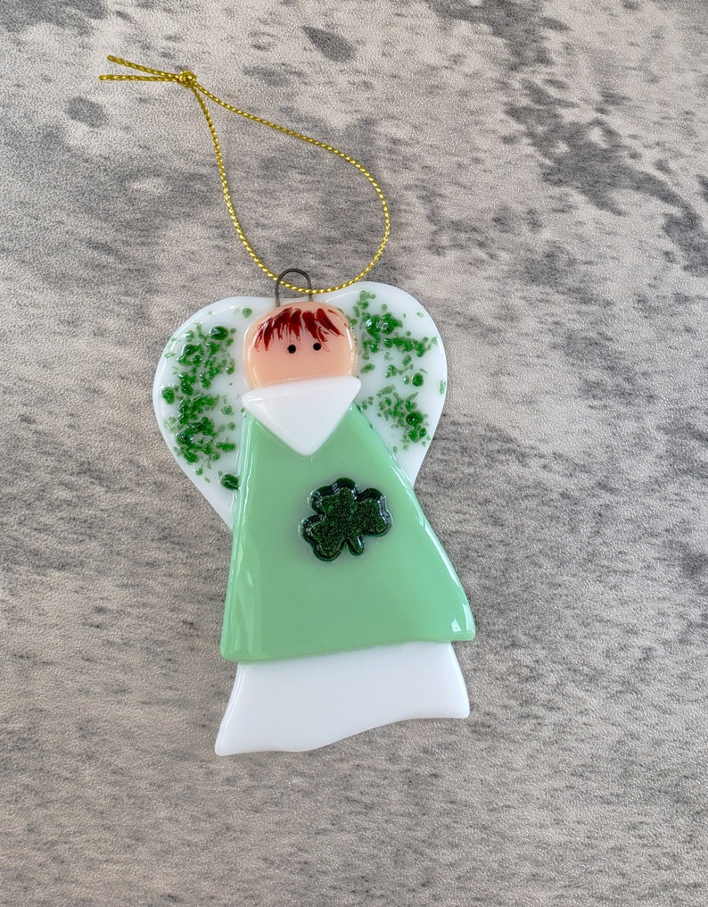 Small Fused Glass Irish Angel, Shamock Angel, St Patricks Day, Stained Glass Angel Suncatcher, Angel Ornament image 5