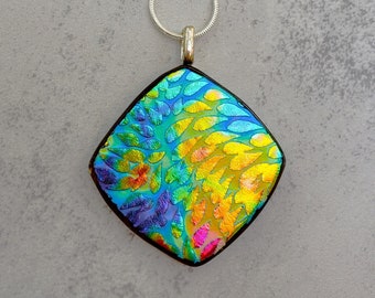 Etched Diagonal Fused Glass Pendant, Blue, Gold and Green Dichroic Pendant, Silk and Satin Glass Necklace, Fused Glass Necklace, Slide
