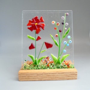 Red Fused Glass Flower Garden with Wooden Stand, Fused Glass Nature Panel, Garden Candle Screen, Garden Art, Spring Summer Suncatcher image 4