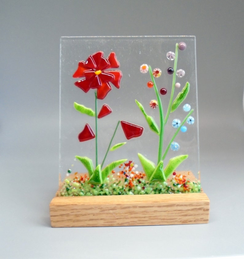 Red Fused Glass Flower Garden with Wooden Stand, Fused Glass Nature Panel, Garden Candle Screen, Garden Art, Spring Summer Suncatcher image 4