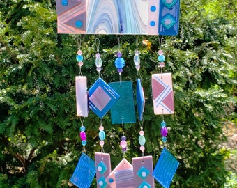 Geometric Fused Glass Wind Chime, Purple, Pink, and Blue Glass Wind Chime, Contemporary, Garden Spinner, Beaded Garden Art