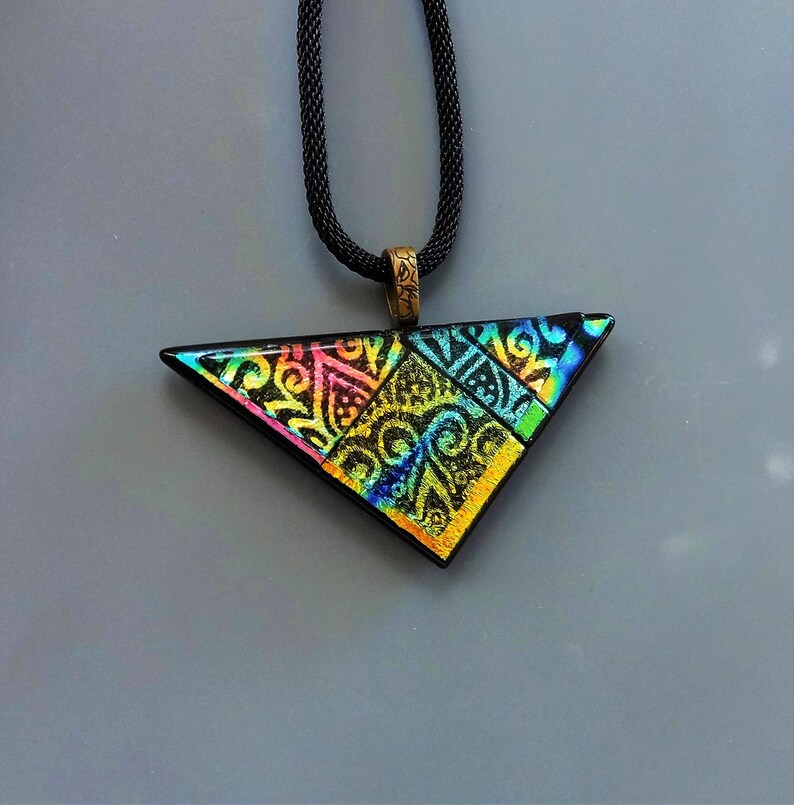 Dimensional Glass Pendant Zentangle Dichroic Glass Pendant Stained Glass Look Triangle Pendant Contemporary Rainbow Necklace