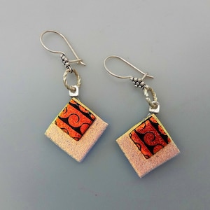 Diagonal Dichroic Fused Glass Earrings, Copper Colored Lightweight Fused Glass Earrings, Dichroic Fused Glass Dangle Earrings