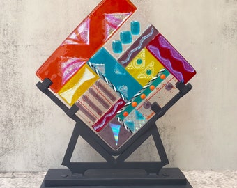 Colorful Geometric Fused Glass Panel with Wrought Iron Display Stand, Dichroic Fused Glass Table Top Art Sculpture--Warm Colors