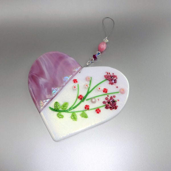 Spring and Easter Flowery Glass Heart, Fused Glass Valentine Heart, Pink and Iridescent White Stained Glass Heart, Two Part Heart