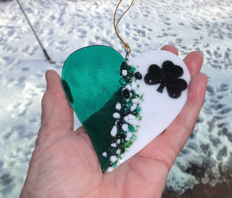 Fused Glass Irish Heart Suncatcher Green and White Glass Etsy