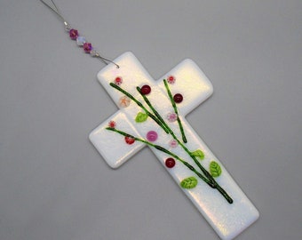 Small White Iridescent Fused Glass Easter Cross, Fused Glass Religious Cross with Flower Spray, Housewarming Gift, Dichroic Cross